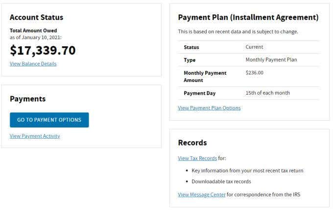 Your IRS Account Dashboard image